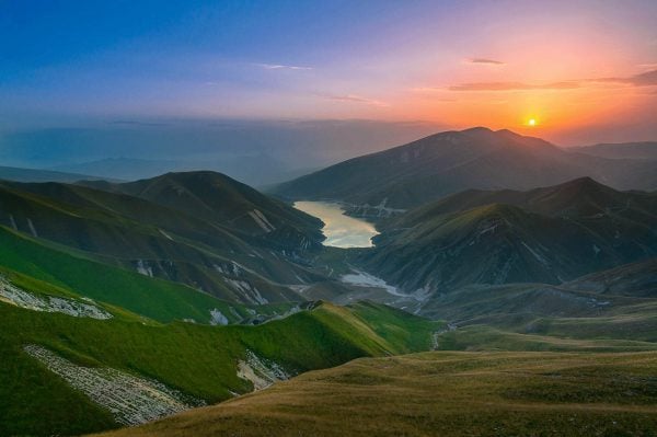 Sunset view of Lake Kezenoy Am, Dagestan