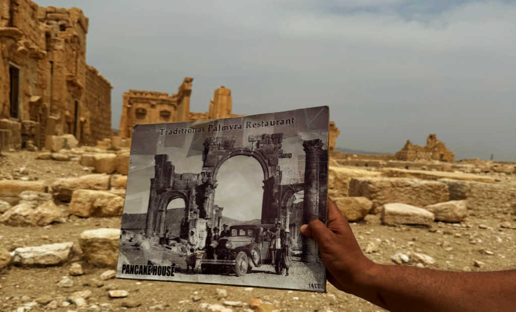 Palmyra ruins contrasted with an old photo, seen on Syria visit 