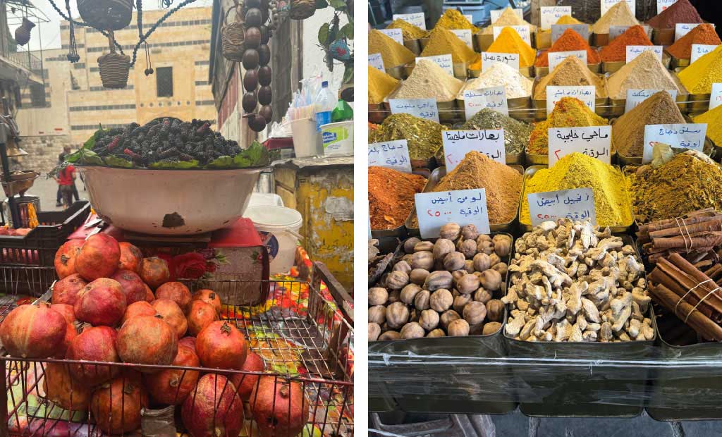 Market stalls in Syria, full of produce and spices