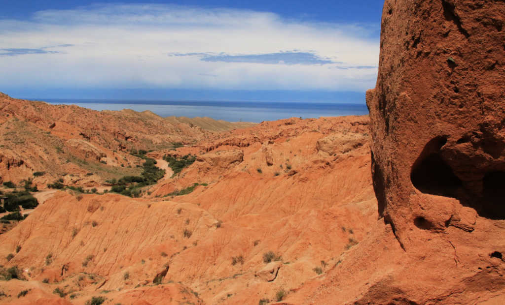 Skazka Canyon, with Issyk Kul Lake in the distance, Kyrgyzstan