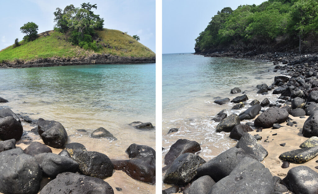 Sao Tomé North Coast, two images of sand and rocks and turquoise sea