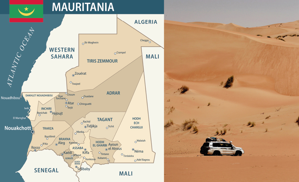 Mauritania map and photo of the desert with 4WD vehicle