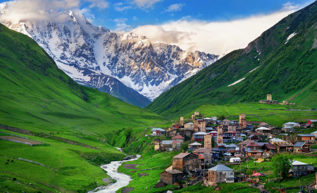 Ushguli village at the foot of Mt. Shkhara,Upper Svaneti, Georgia.